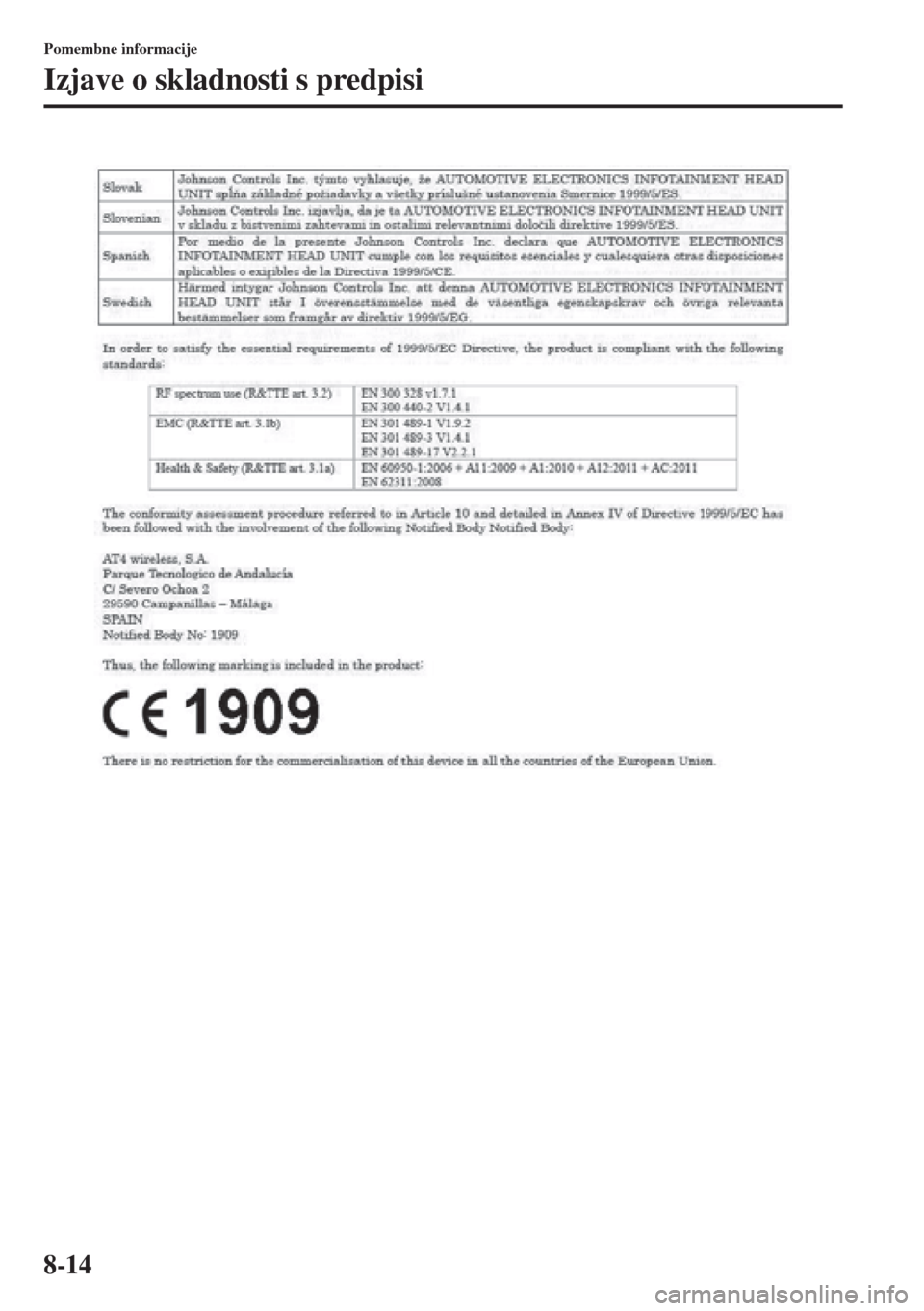 MAZDA MODEL 3 HATCHBACK 2015  Priročnik za lastnika (in Slovenian) 8-14
Pomembne informacije
Izjave o skladnosti s predpisi 