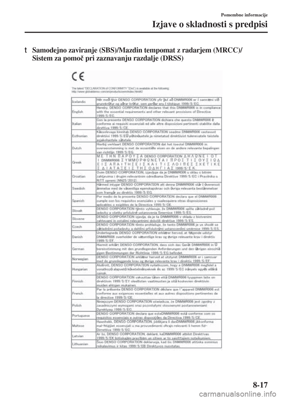 MAZDA MODEL 3 HATCHBACK 2015  Priročnik za lastnika (in Slovenian) 8-17
Pomembne informacije
Izjave o skladnosti s predpisi
tSamodejno zaviranje (SBS)/Mazdin tempomat z radarjem (MRCC)/
Sistem za pomo�þ pri zaznavanju razdalje (DRSS) 