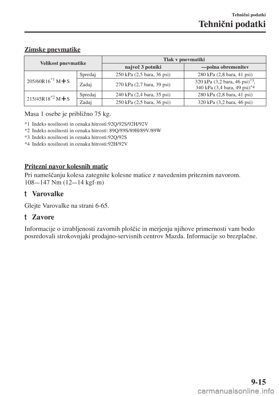 MAZDA MODEL 3 HATCHBACK 2015  Priročnik za lastnika (in Slovenian) 9-15
Tehni�þni podatki
Tehni�þni podatki
Zimske pnevmatike
Masa 1 osebe je približno 75 kg.
*1 Indeks nosilnosti in oznaka hitrosti:92Q/92S/92H/92V
*2 Indeks nosilnosti in oznaka hitrosti: 89Q/89S/