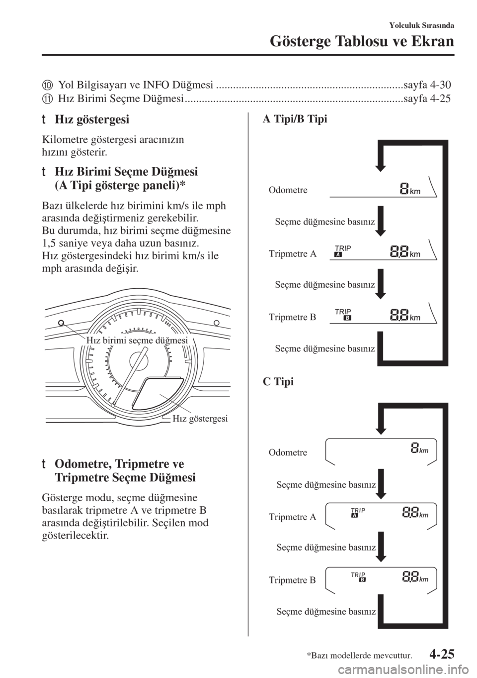 MAZDA MODEL 3 HATCHBACK 2015  Kullanım Kılavuzu (in Turkish) 4-25
Yolculuk S�Õras�Õnda
Gösterge Tablosu ve Ekran
0Yol Bilgisayar�Õ ve INFO Dü�÷mesi ..................................................................sayfa 4-30
AH�Õz Birimi Seçme Dü�÷mes