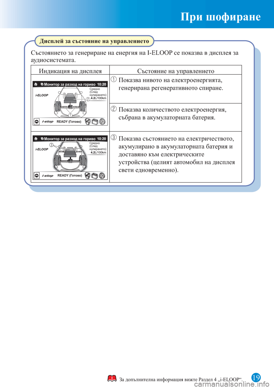 MAZDA MODEL 3 HATCHBACK 2015  Бързо ръководство (in Bulgarian) 19
При шофиране
За допълнителна информация вижте Раздел 4 „i-ELOOP“.
Състоянието за генериране на енергия на I-ELOOP