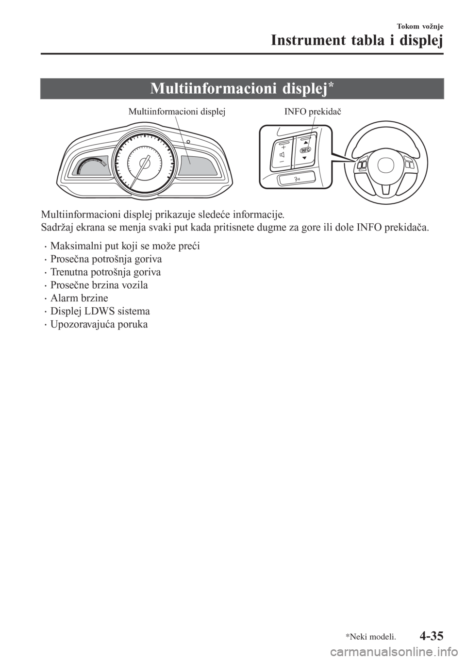 MAZDA MODEL 3 HATCHBACK 2015 Korisničko uputstvo (in Serbian) Multiinformacioni displej*
INFO prekidač Multiinformacioni displej
Multiinformacioni displej prikazuje sledeće informacije.
Sadržaj ekrana se menja svaki put kada pritisnete dugme za gore ili dole MAZDA MODEL 3 HATCHBACK 2015 Korisničko uputstvo (in Serbian) Multiinformacioni displej*
INFO prekidač Multiinformacioni displej
Multiinformacioni displej prikazuje sledeće informacije.
Sadržaj ekrana se menja svaki put kada pritisnete dugme za gore ili dole