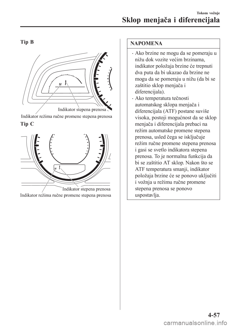 MAZDA MODEL 3 HATCHBACK 2015 Korisničko uputstvo (in Serbian) Tip B
Indikator stepena prenosa
Indikator režima ručne promene stepena prenosa
Tip C
Indikator režima ručne promene stepena prenosaIndikator stepena prenosa
NAPOMENA
•Ako brzine ne mogu da s MAZDA MODEL 3 HATCHBACK 2015 Korisničko uputstvo (in Serbian) Tip B
Indikator stepena prenosa
Indikator režima ručne promene stepena prenosa
Tip C
Indikator režima ručne promene stepena prenosaIndikator stepena prenosa
NAPOMENA
•Ako brzine ne mogu da s