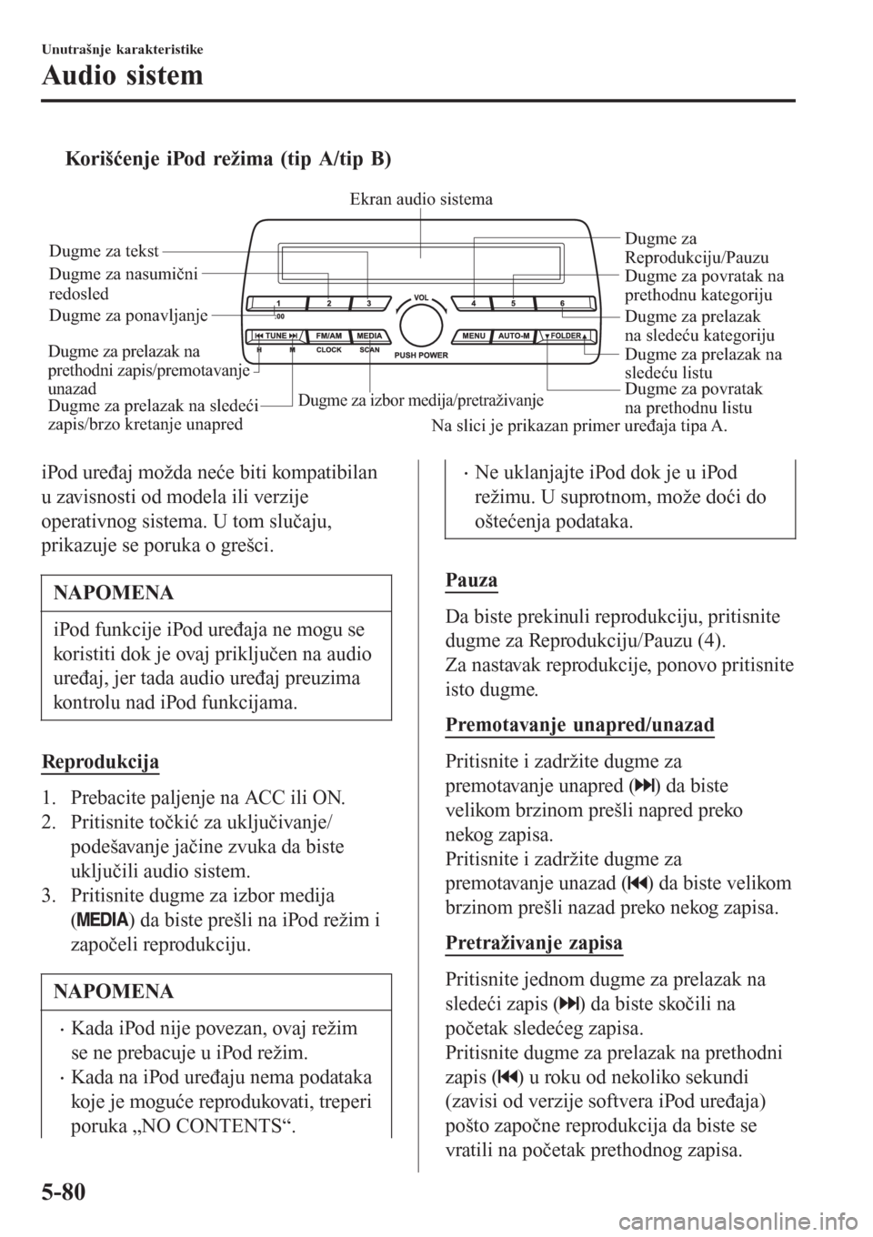 MAZDA MODEL 3 HATCHBACK 2015  Korisničko uputstvo (in Serbian) tKorišćenje iPod režima (tip A/tip B)
Dugme za izbor medija/pretraživanjeDugme za povratak 
na prethodnu listu Dugme za prelazak na 
sledeću listu Dugme za 
Reprodukciju/Pauzu
Dugme za nasumični