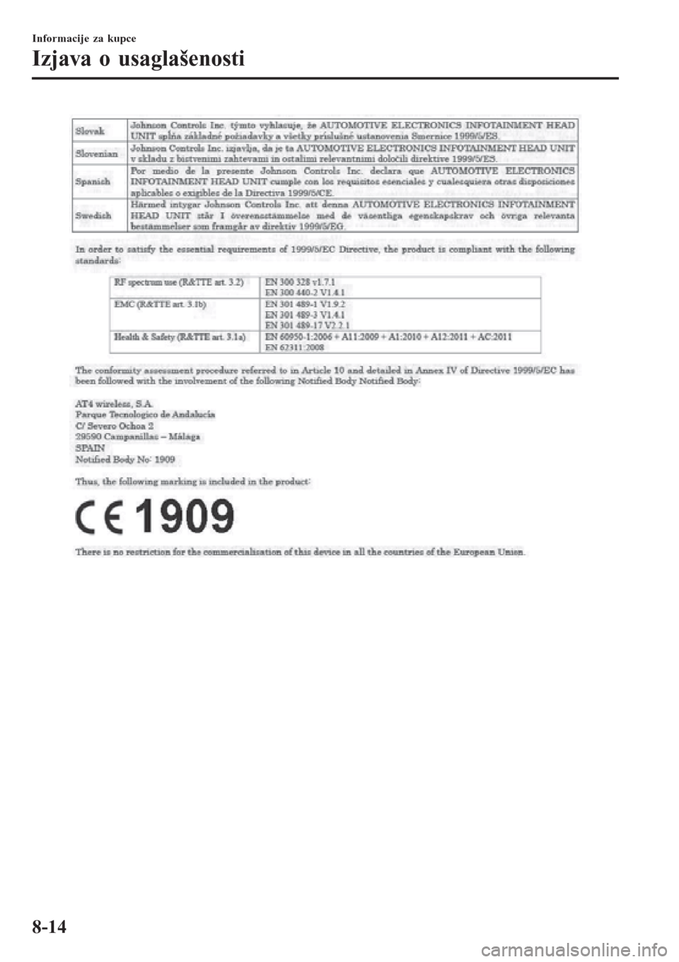 MAZDA MODEL 3 HATCHBACK 2015  Korisničko uputstvo (in Serbian) Informacije za kupce
Izjava o usaglašenosti
8-14 
