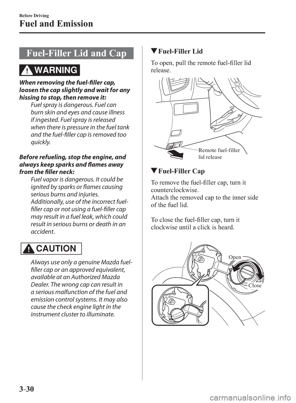 MAZDA MODEL 3 HATCHBACK 2014  Owners Manual (in English) 3–30
Before Driving
Fuel and Emission
 Fuel-Filler Lid and Cap
WARNING
  When removing the fuel-fi ller cap, 
loosen the cap slightly and wait for any 
hissing to stop, then remove it:
  Fuel spray 