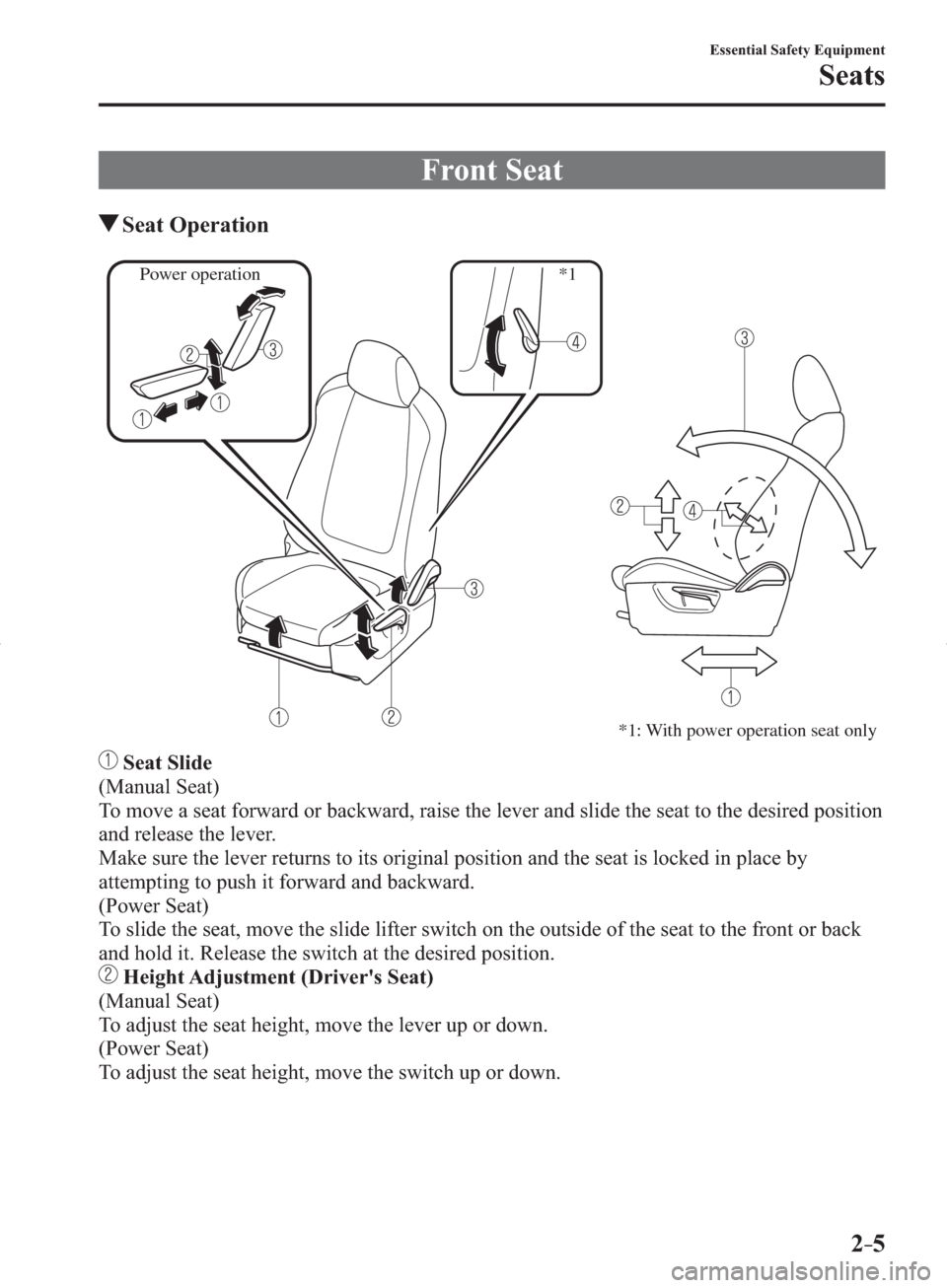 MAZDA MODEL 3 HATCHBACK 2014   (in English) User Guide 2–5
Essential Safety Equipment
Seats
 Front  Seat
 Seat  Operation
*1: With power operation seat only
Power operation*1
  Seat Slide
  (Manual  Seat)
  To move a seat forward or backward, raise the 