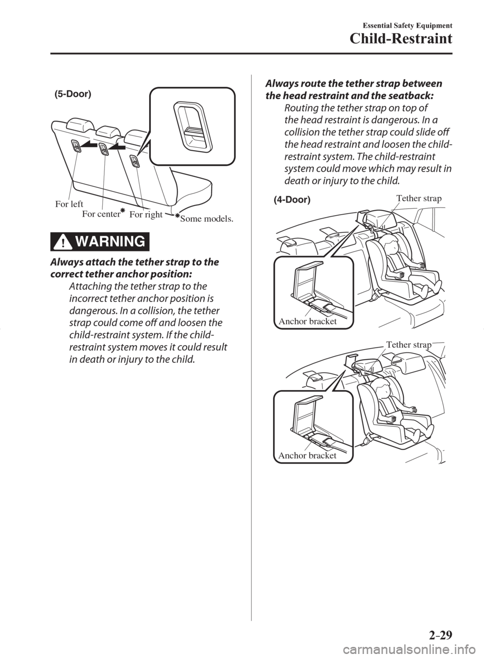 MAZDA MODEL 3 HATCHBACK 2014   (in English) Owners Guide 2–29
Essential Safety Equipment
Child-Restraint
(5-Door)
For left
For centerFor rightSome models.
WARNING
  Always attach the tether strap to the 
correct tether anchor position:
  Attaching the tet