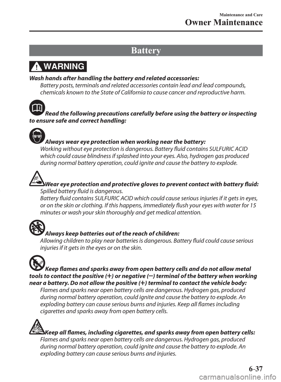 MAZDA MODEL 3 HATCHBACK 2014   (in English) Service Manual 6–37
Maintenance and Care
Owner Maintenance
 Battery
WARNING
  Wash hands after handling the battery and related accessories:
  Battery posts, terminals and related accessories contain lead and lead