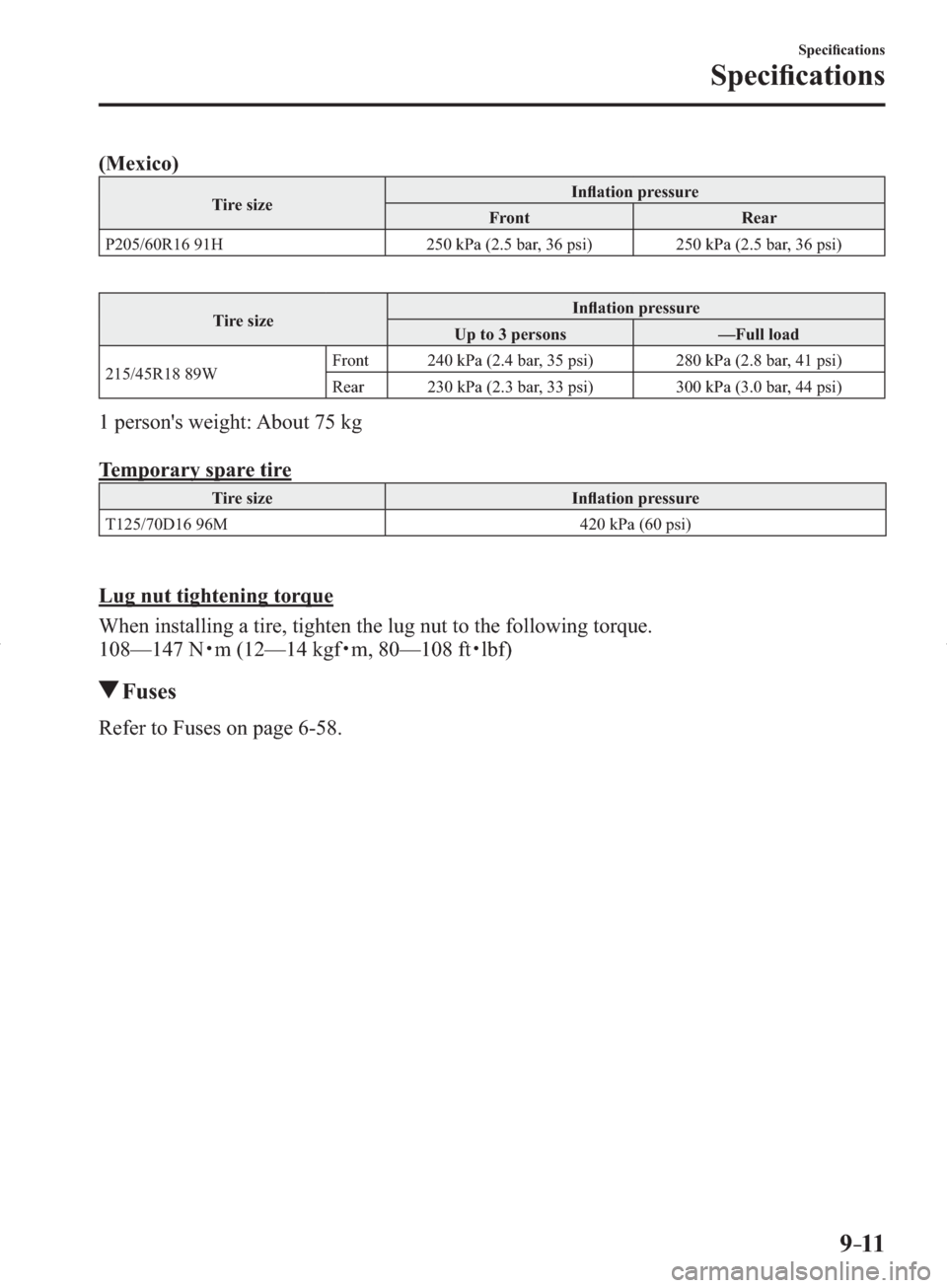 MAZDA MODEL 3 HATCHBACK 2014   (in English) User Guide 9–11
Speciﬁ cations 
Speciﬁ cations
(Mexico)
 Tire  size  Inﬂ ation pressure 
 Front   Rear 
 P205/60R16 91H   250 kPa (2.5 bar, 36 psi)   250 kPa (2.5 bar, 36 psi) 
 Tire  size  Inﬂ ation p