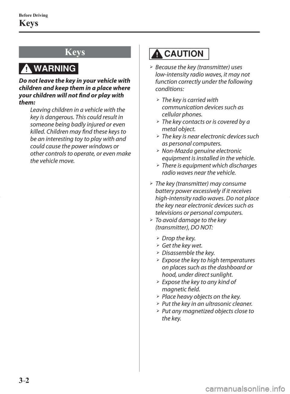 MAZDA MODEL 3 HATCHBACK 2014  Owners Manual (in English) 3–2
Before Driving
Keys
     Keys
WARNING
  Do not leave the key in your vehicle with 
children and keep them in a place where 
your children will not fi  nd or play with 
them:
  Leaving children i