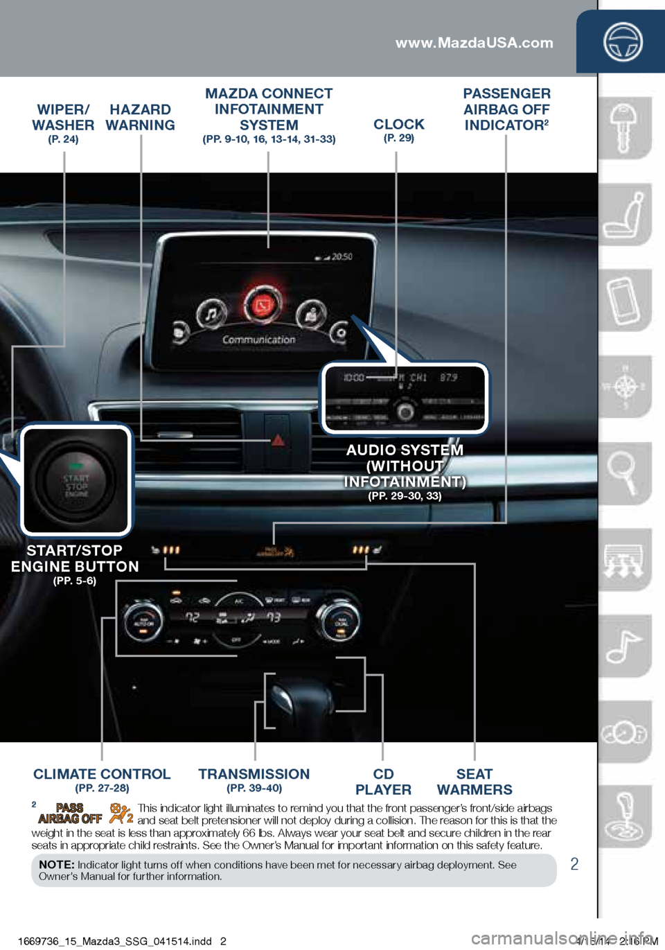 MAZDA MODEL 3 HATCHBACK 2014  Smart Start Guide (in English) 2
Driver’s View
CLOCK  ( P.  2 9 )
MAZDA CONNECT  
INFOTAINMENT  
SYSTEM   
(PP. 9-10, 16, 13-14, 31-33)
CLIMATE CONTROL   ( P P.  2 7- 2 8 )TRANSMISSION ( P P.  3 9 - 4 0 )CD  
P L AY E R  S E AT  