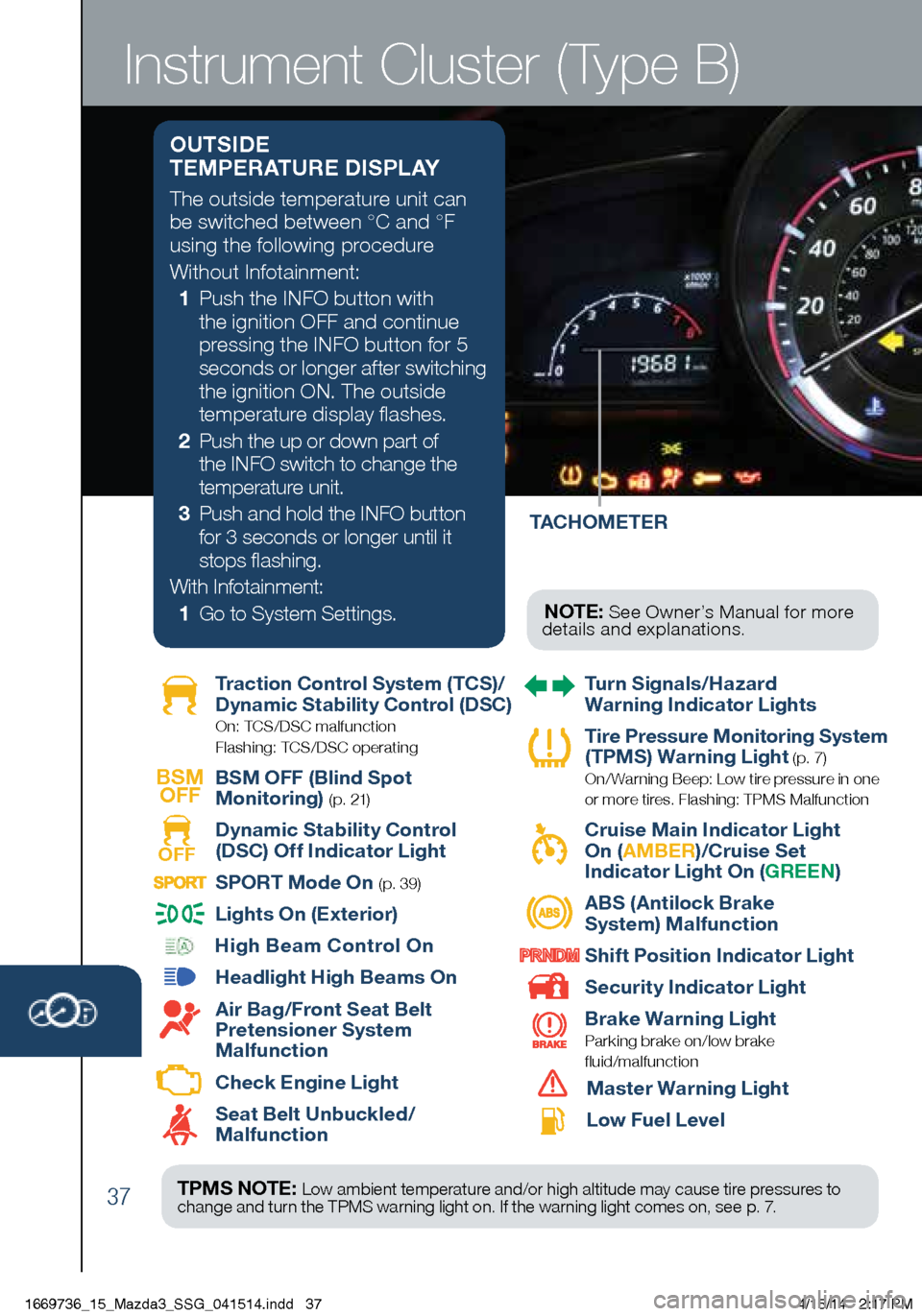 MAZDA MODEL 3 HATCHBACK 2014 Smart Start Guide (in English) 37
TACHOMETER
Instrument Cluster (Type B)
Traction Control System (TCS)/
Dynamic Stability Control (DSC)
On: TCS/DSC malfunction
Flashing: TCS/DSC operating
BSM OFF
BSM OFF (Blind Spot
Mon MAZDA MODEL 3 HATCHBACK 2014 Smart Start Guide (in English) 37
TACHOMETER
Instrument Cluster (Type B)
Traction Control System (TCS)/
Dynamic Stability Control (DSC)
On: TCS/DSC malfunction
Flashing: TCS/DSC operating
BSM OFF
BSM OFF (Blind Spot
Mon