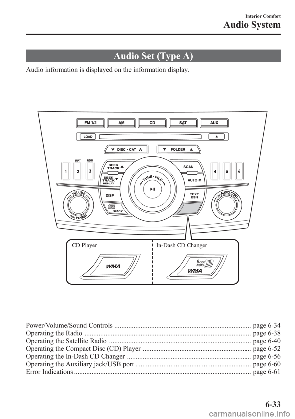 MAZDA MODEL 3 HATCHBACK 2013  Owners Manual (in English) Audio Set (Type A)
Audio information is displayed on the information display.
CD Player In-Dash CD Changer
Power/Volume/Sound Controls .................................................................