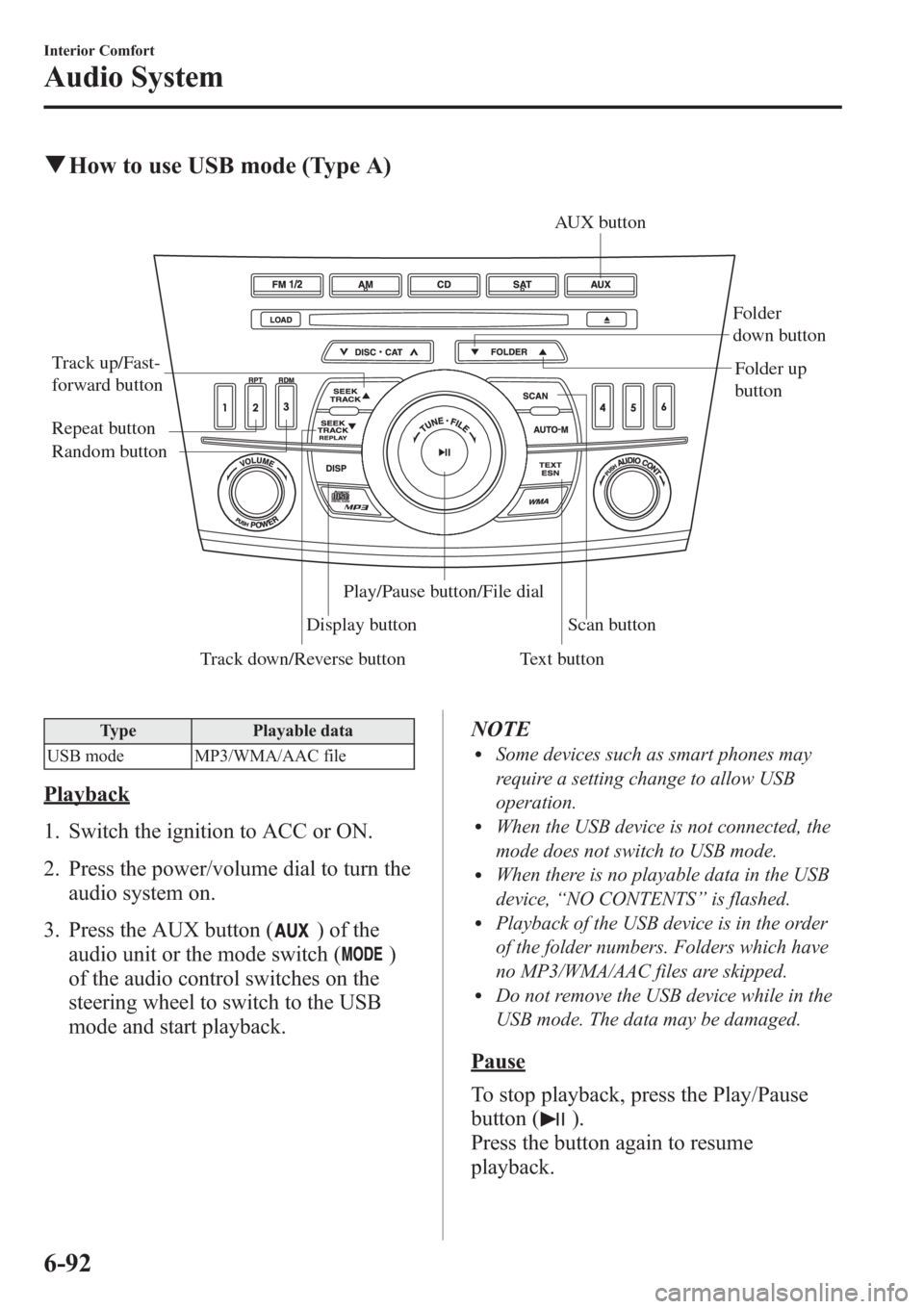 MAZDA MODEL 3 HATCHBACK 2013  Owners Manual (in English) qHow to use USB mode (Type A)
Track down/Reverse button Track up/Fast-
forward button
Display buttonFolder 
down button
Folder up 
button
Random button Repeat button
Text buttonScan button AUX button
