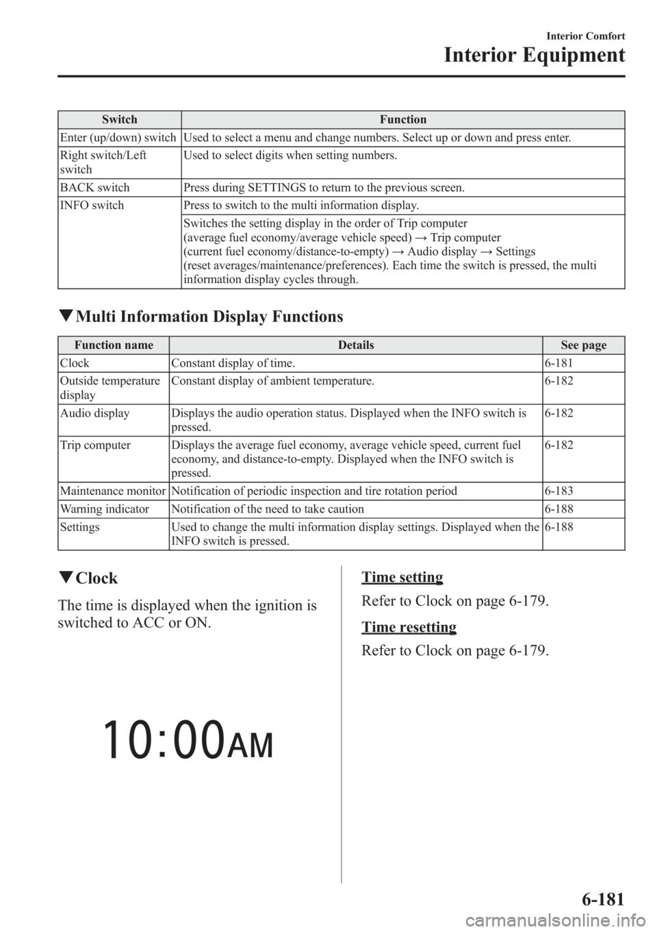 MAZDA MODEL 3 HATCHBACK 2013  Owners Manual (in English) Switch Function
Enter (up/down) switch Used to select a menu and change numbers. Select up or down and press enter.
Right switch/Left
switchUsed to select digits when setting numbers.
BACK switch Pres