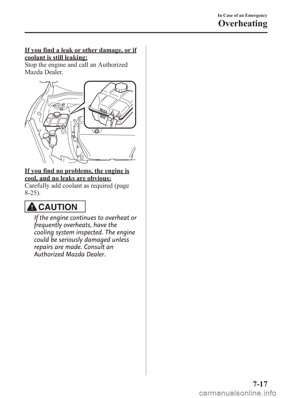 MAZDA MODEL 3 HATCHBACK 2013  Owners Manual (in English) If you find a leak or other damage, or if
coolant is still leaking:
Stop the engine and call an Authorized
Mazda Dealer.
If you find no problems, the engine is
cool, and no leaks are obvious:
Carefull