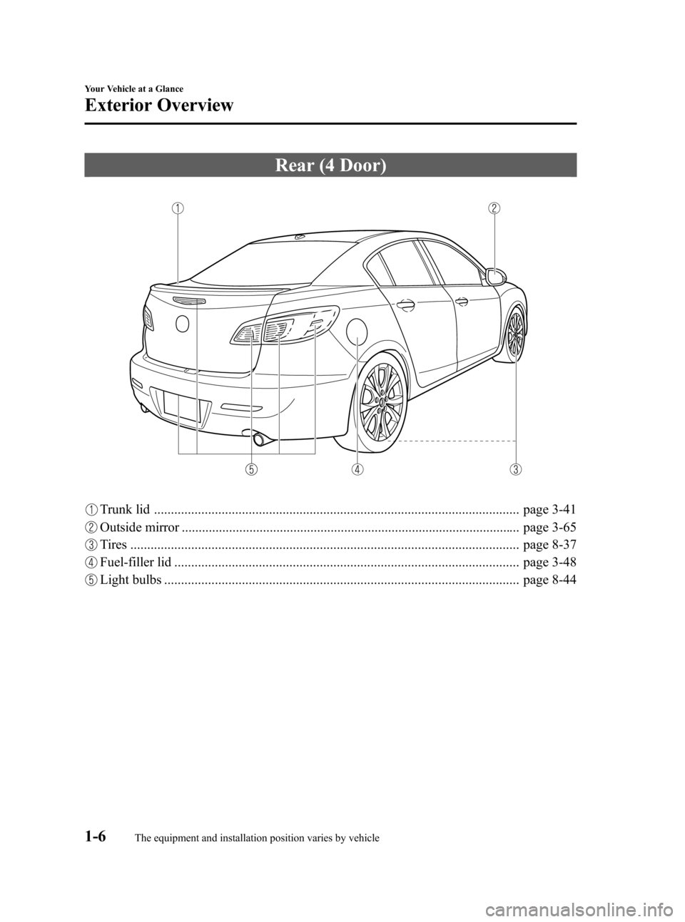 MAZDA MODEL 3 HATCHBACK 2012  Owners Manual (in English) Black plate (12,1)
Rear (4 Door)
Trunk lid ............................................................................................................ page 3-41
Outside mirror .......................