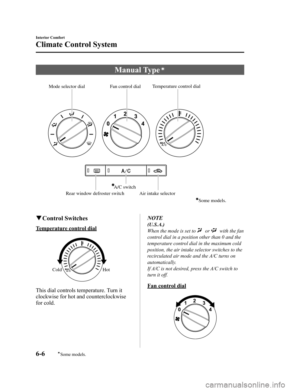 MAZDA MODEL 3 HATCHBACK 2012  Owners Manual (in English) Black plate (244,1)
Manual Typeí
Temperature control dial
Fan control dial
Mode selector dial
Air intake selector
A/C switch
Some models.
Rear window defroster switch
q
Control Switches
Temperature c