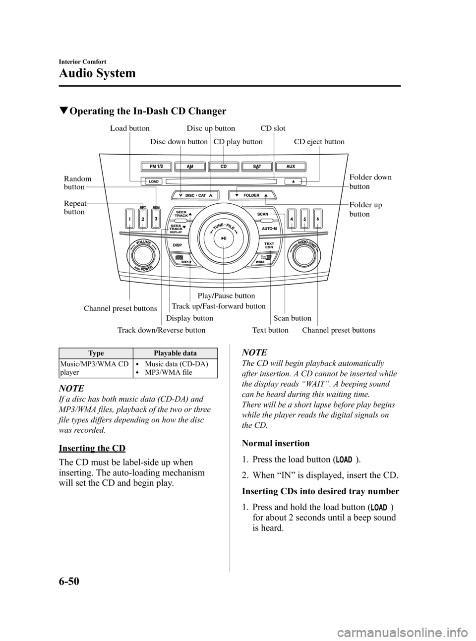 MAZDA MODEL 3 HATCHBACK 2012 (in English) Owners Guide Black plate (288,1)
qOperating the In-Dash CD Changer
Track up/Fast-forward button CD eject button
Display button
Load button
Channel preset buttons
Channel preset buttons
Track down/Reverse button Te MAZDA MODEL 3 HATCHBACK 2012 (in English) Owners Guide Black plate (288,1)
qOperating the In-Dash CD Changer
Track up/Fast-forward button CD eject button
Display button
Load button
Channel preset buttons
Channel preset buttons
Track down/Reverse button Te