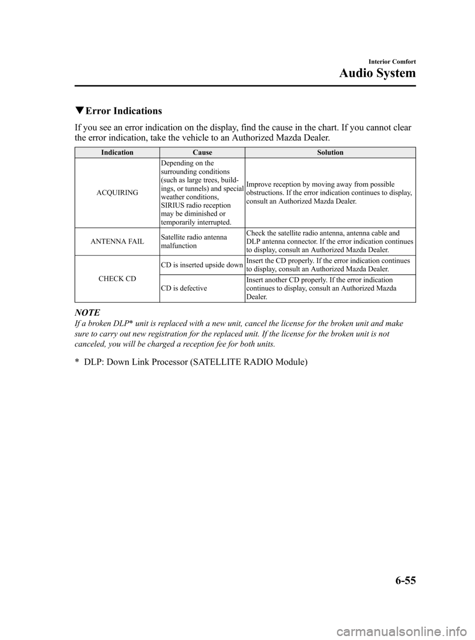 MAZDA MODEL 3 HATCHBACK 2012 (in English) Owners Guide Black plate (293,1)
qError Indications
If you see an error indication on the display, find the cause in the chart. If you cannot clear
the error indication, take the vehicle to an Authorized Mazda Dea MAZDA MODEL 3 HATCHBACK 2012 (in English) Owners Guide Black plate (293,1)
qError Indications
If you see an error indication on the display, find the cause in the chart. If you cannot clear
the error indication, take the vehicle to an Authorized Mazda Dea