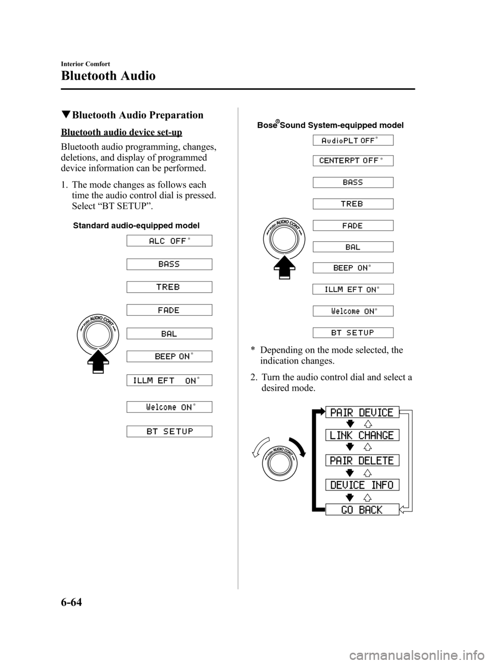 MAZDA MODEL 3 HATCHBACK 2012  Owners Manual (in English) Black plate (302,1)
qBluetooth Audio Preparation
Bluetooth audio device set-up
Bluetooth audio programming, changes,
deletions, and display of programmed
device information can be performed.
1. The mo