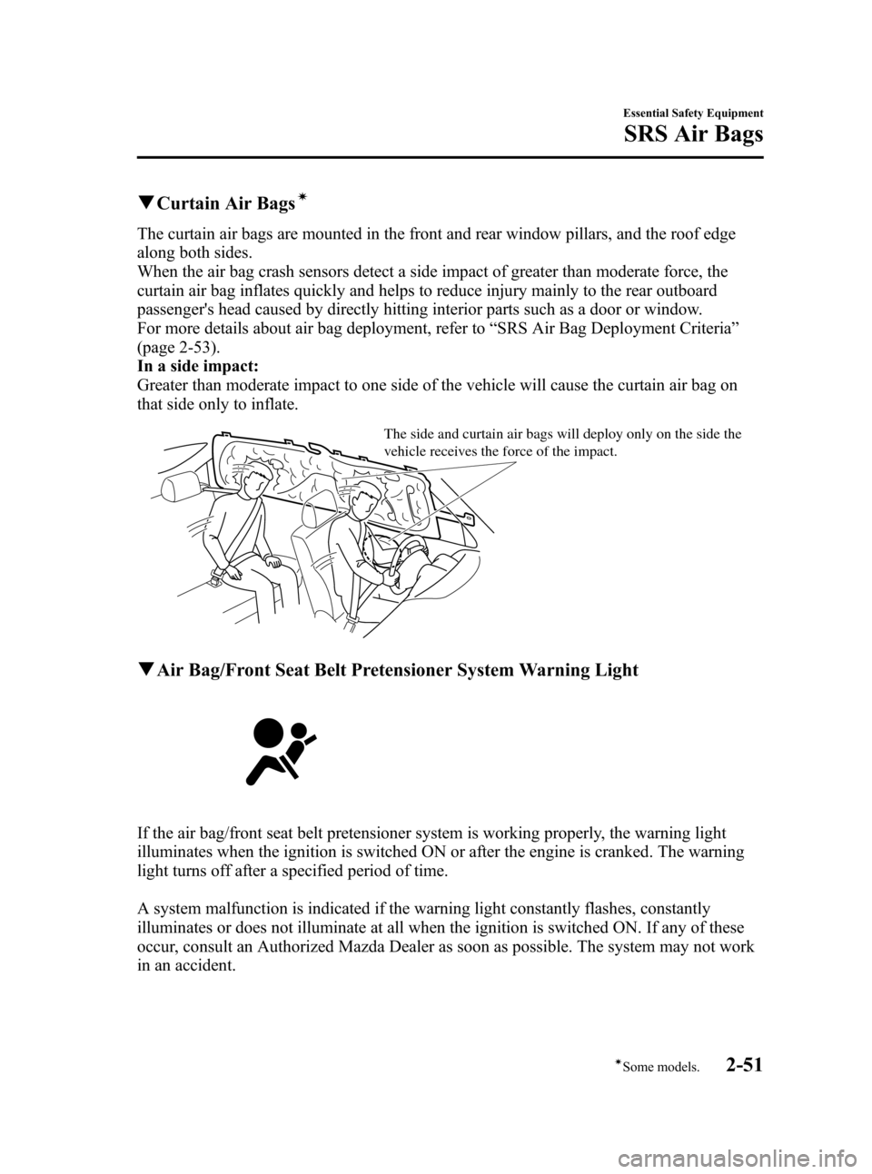 MAZDA MODEL 3 HATCHBACK 2011  Owners Manual (in English) Black plate (65,1)
qCurtain Air Bagsí
The curtain air bags are mounted in the front and rear window pillars, and the roof edge
along both sides.
When the air bag crash sensors detect a side impact of