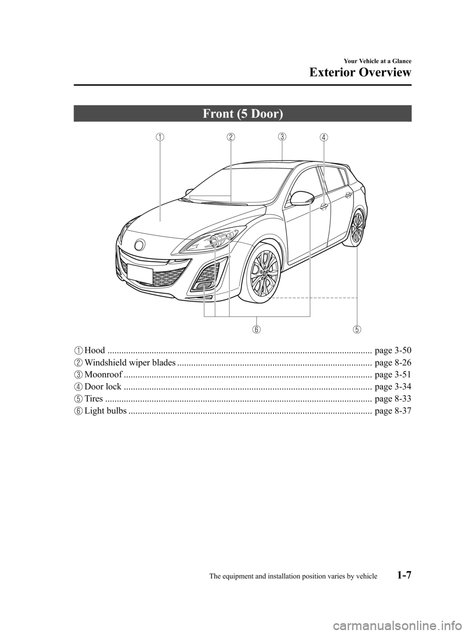 MAZDA MODEL 3 HATCHBACK 2010  Owners Manual (in English) Black plate (13,1)
Front (5 Door)
Hood .................................................................................................................. page 3-50
Windshield wiper blades ............