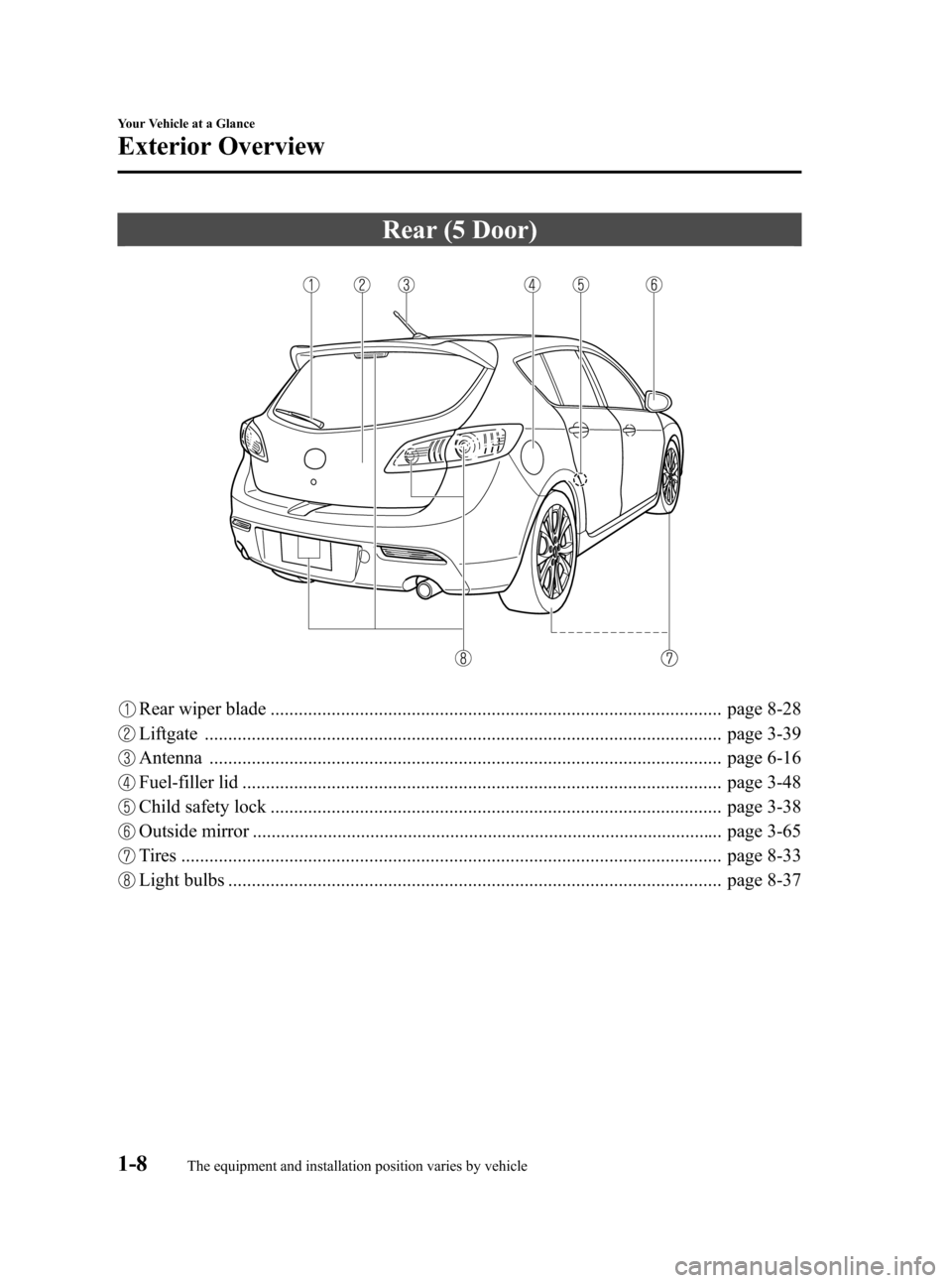 MAZDA MODEL 3 HATCHBACK 2010  Owners Manual (in English) Black plate (14,1)
Rear (5 Door)
Rear wiper blade ................................................................................................ page 8-28
Liftgate ..................................