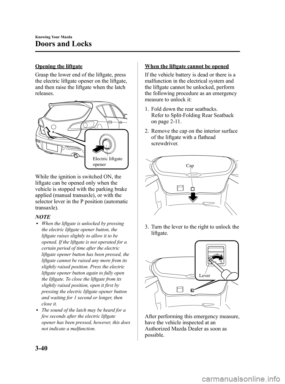 MAZDA MODEL 3 HATCHBACK 2010  Owners Manual (in English) Black plate (116,1)
Opening the liftgate
Grasp the lower end of the liftgate, press
the electric liftgate opener on the liftgate,
and then raise the liftgate when the latch
releases.
Electric liftgate