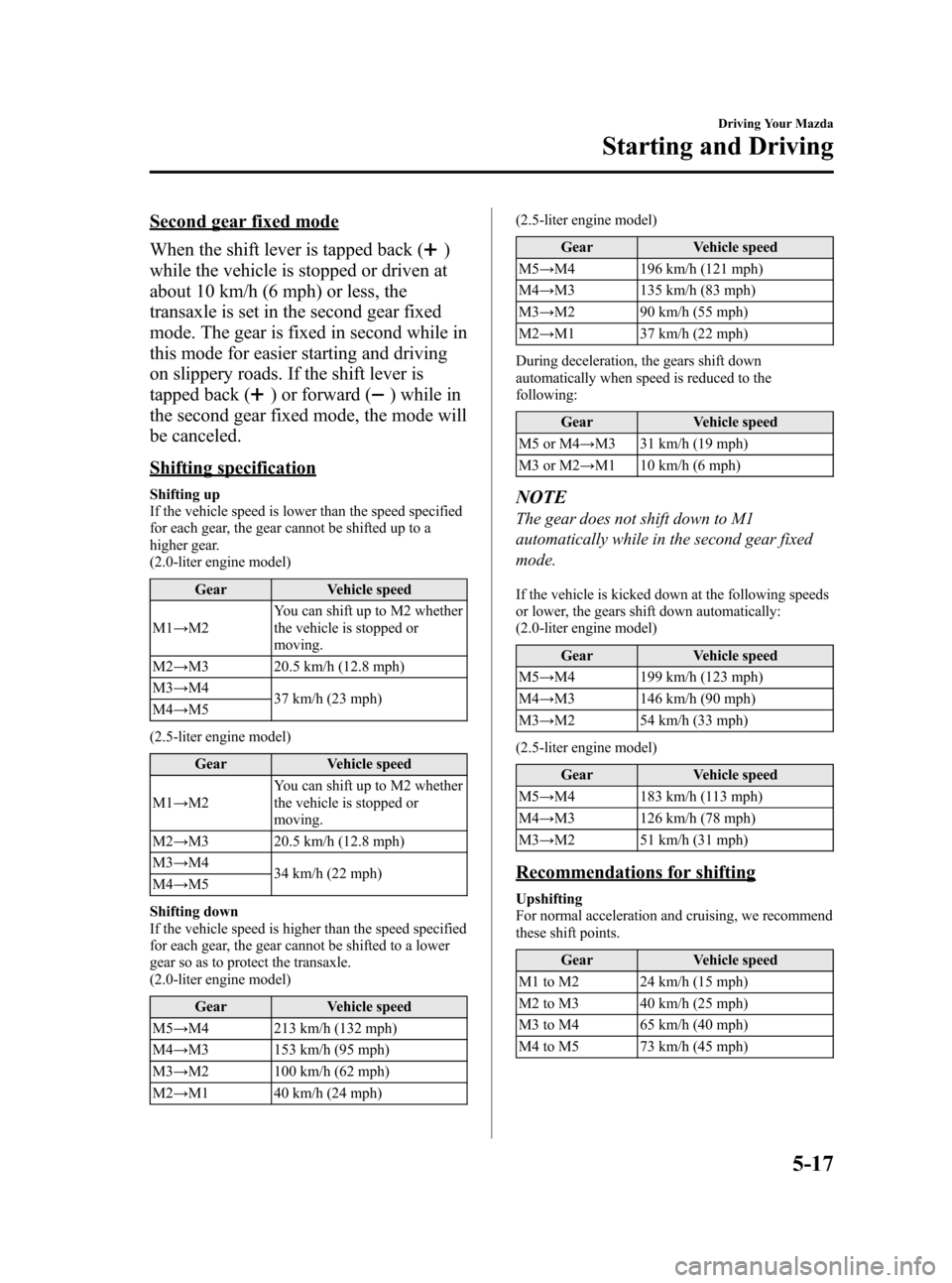 MAZDA MODEL 3 HATCHBACK 2010  Owners Manual (in English) Black plate (173,1)
Second gear fixed mode
When the shift lever is tapped back (
)
while the vehicle is stopped or driven at
about 10 km/h (6 mph) or less, the
transaxle is set in the second gear fixe