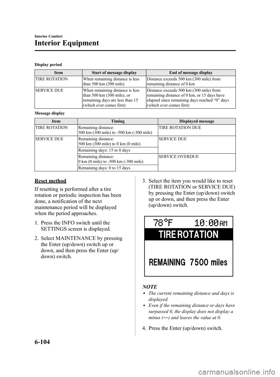 MAZDA MODEL 3 HATCHBACK 2010   (in English) Owners Guide Black plate (328,1)
Display period
Item Start of message display End of message display
TIRE ROTATION When remaining distance is less
than 500 km (300 mile)Distance exceeds 500 km (300 mile) from
rema