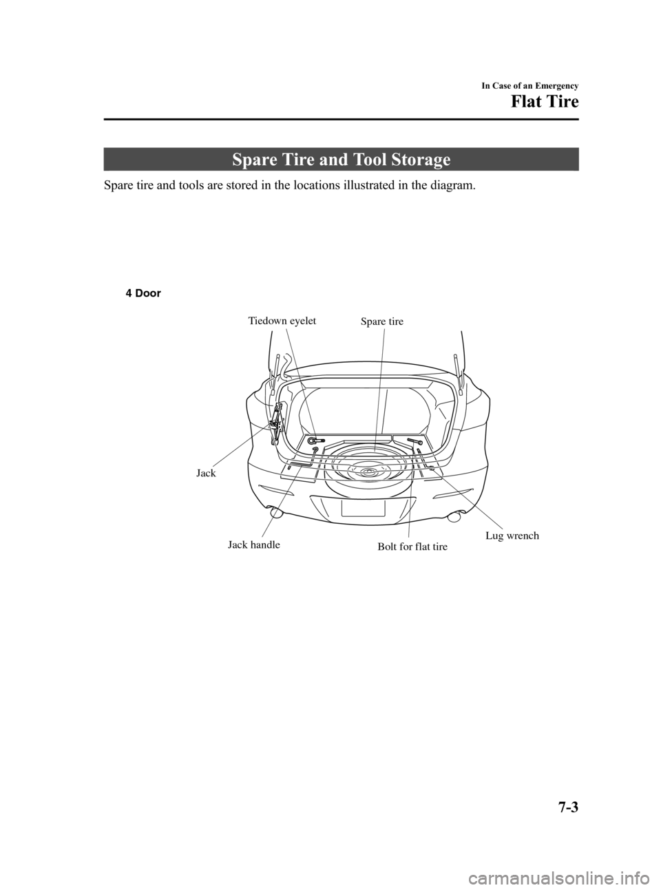 MAZDA MODEL 3 HATCHBACK 2010  Owners Manual (in English) Black plate (341,1)
Spare Tire and Tool Storage
Spare tire and tools are stored in the locations illustrated in the diagram.
Spare tire
Jack
Jack handleTiedown eyelet
Lug wrench
Bolt for flat tire 4 D