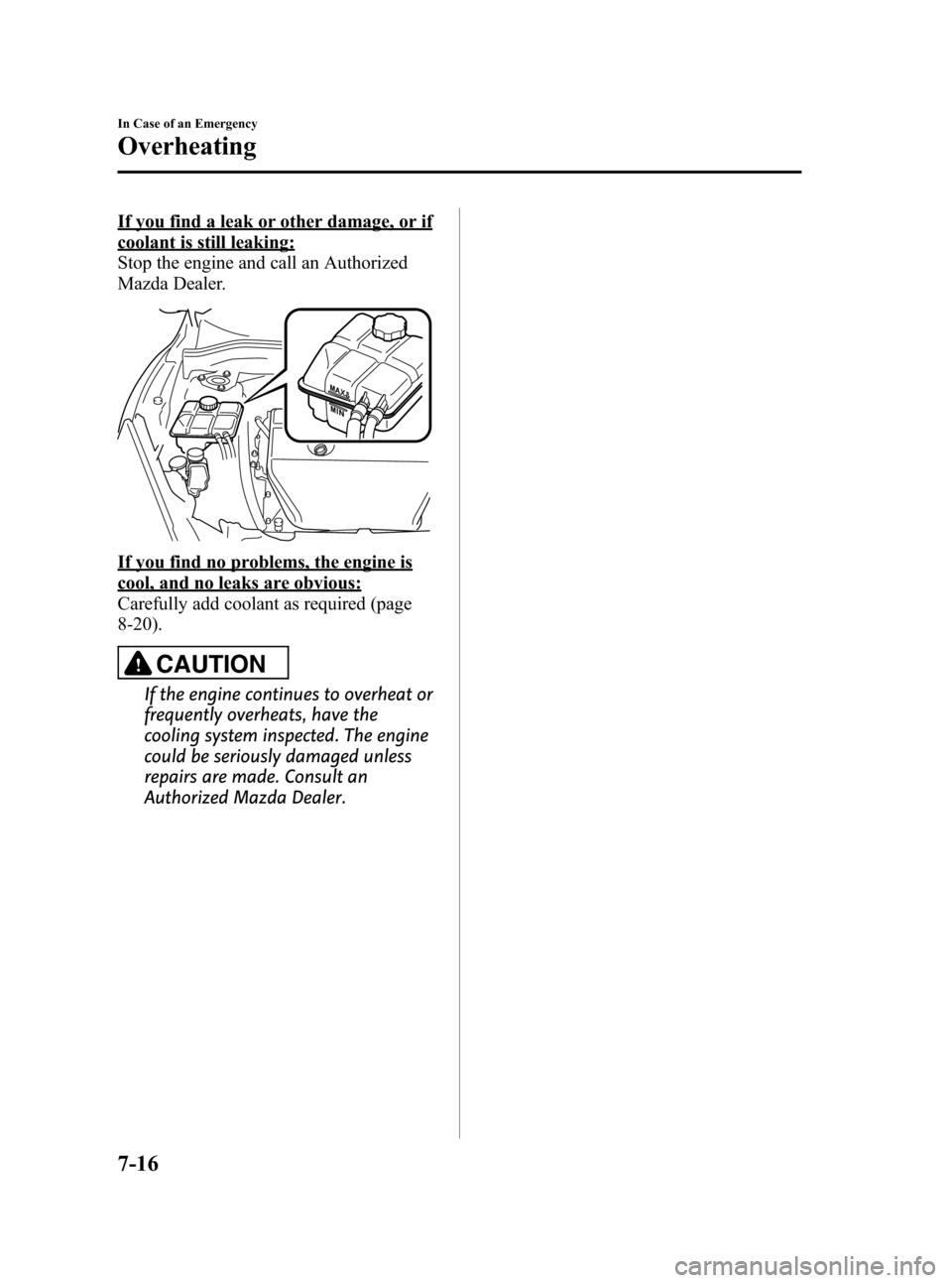 MAZDA MODEL 3 HATCHBACK 2010  Owners Manual (in English) Black plate (354,1)
If you find a leak or other damage, or if
coolant is still leaking:
Stop the engine and call an Authorized
Mazda Dealer.
If you find no problems, the engine is
cool, and no leaks a