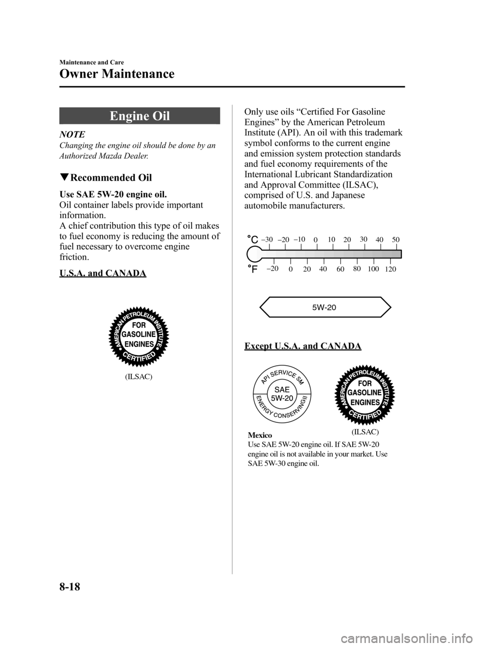 MAZDA MODEL 3 HATCHBACK 2010   (in English) Service Manual Black plate (382,1)
Engine Oil
NOTE
Changing the engine oil should be done by an
Authorized Mazda Dealer.
qRecommended Oil
Use SAE 5W-20 engine oil.
Oil container labels provide important
information.