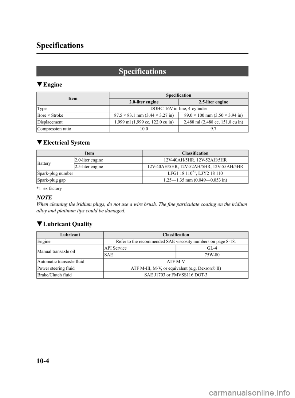 MAZDA MODEL 3 HATCHBACK 2010   (in English) User Guide Black plate (474,1)
Specifications
qEngine
ItemSpecification
2.0-liter engine 2.5-liter engine
Type DOHC-16V in-line, 4-cylinder
Bore × Stroke 87.5 × 83.1 mm (3.44 × 3.27 in) 89.0 × 100 mm (3.50 �