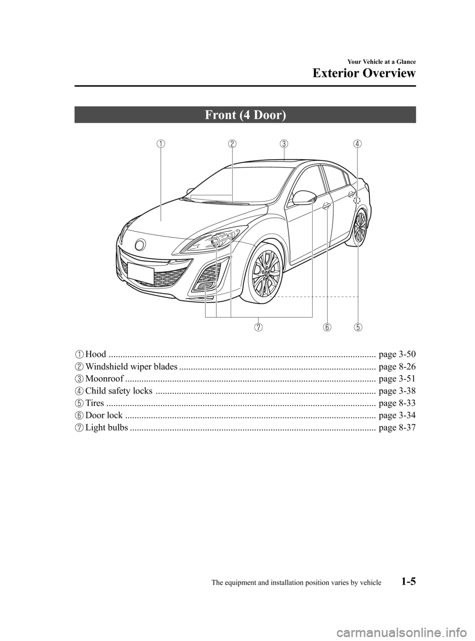MAZDA MODEL 3 HATCHBACK 2010  Owners Manual (in English) Black plate (11,1)
Front (4 Door)
Hood .................................................................................................................. page 3-50
Windshield wiper blades ............