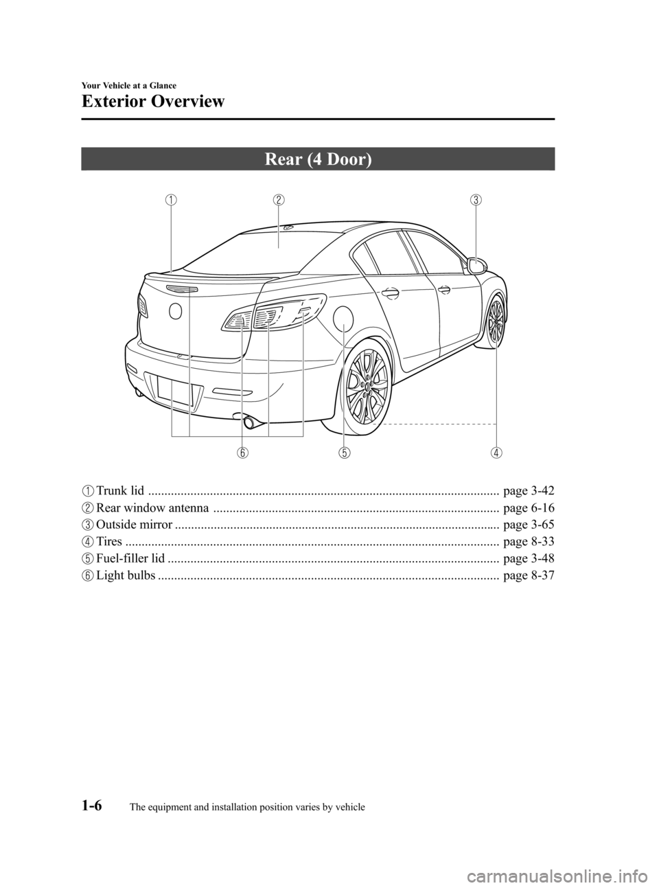 MAZDA MODEL 3 HATCHBACK 2010  Owners Manual (in English) Black plate (12,1)
Rear (4 Door)
Trunk lid ............................................................................................................ page 3-42
Rear window antenna ..................