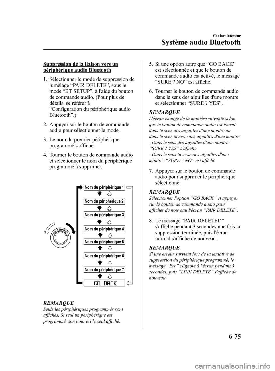 MAZDA MODEL 3 HATCHBACK 2010  Manuel du propriétaire (in French) Black plate (321,1)
Suppression de la liaison vers un
périphérique audio Bluetooth
1. Sélectionner le mode de suppression de
jumelage“PAIR DELETE”, sous le
mode“BT SETUP”, à laide du bout