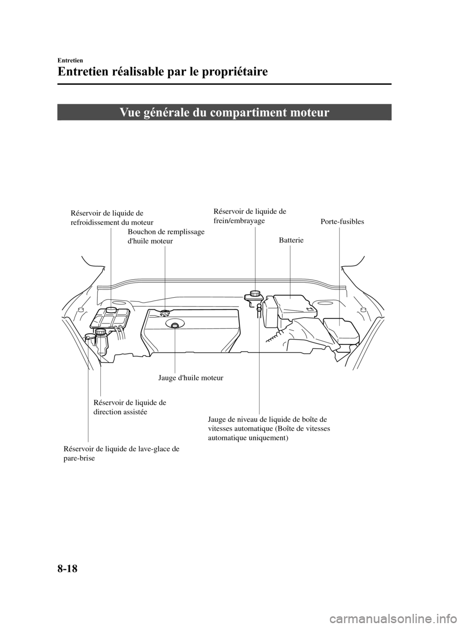 MAZDA MODEL 3 HATCHBACK 2010 Manuel du propriétaire (in French) Black plate (416,1)
Vue générale du compartiment moteur
Réservoir de liquide de
direction assistée
Réservoir de liquide de lave-glace de
pare-brise
Réservoir de liquide de
refroidissement du MAZDA MODEL 3 HATCHBACK 2010 Manuel du propriétaire (in French) Black plate (416,1)
Vue générale du compartiment moteur
Réservoir de liquide de
direction assistée
Réservoir de liquide de lave-glace de
pare-brise
Réservoir de liquide de
refroidissement du