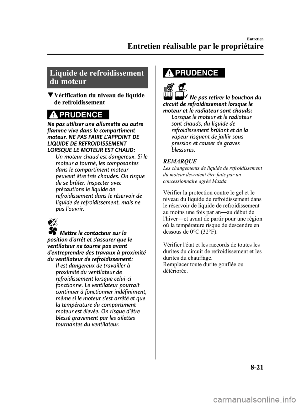 MAZDA MODEL 3 HATCHBACK 2010  Manuel du propriétaire (in French) Black plate (419,1)
Liquide de refroidissement
du moteur
qVérification du niveau de liquide
de refroidissement
PRUDENCE
Ne pas utiliser une allumette ou autre
flamme vive dans le compartiment
moteur.