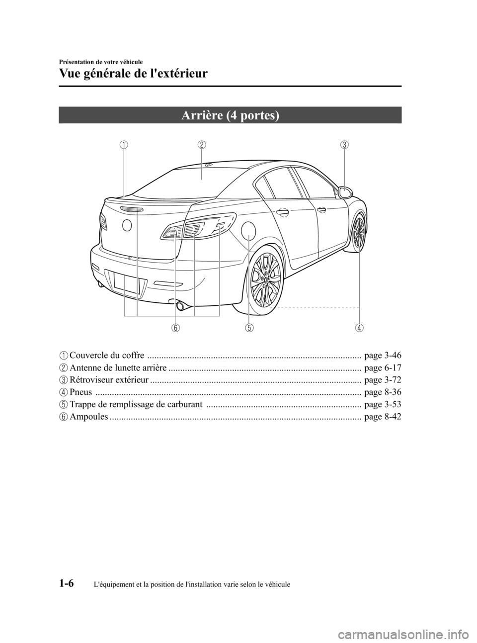 MAZDA MODEL 3 HATCHBACK 2010  Manuel du propriétaire (in French) Black plate (12,1)
Arrière (4 portes)
Couvercle du coffre ........................................................................................... page 3-46
Antenne de lunette arrière ...........