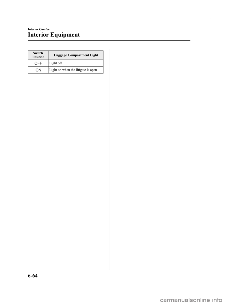 MAZDA MODEL 3 HATCHBACK 2009 (in English) Owners Manual Black plate (248,1)
Switch
Position Luggage Compartment Light
Light off
Light on when the liftgate is open
6-64
Interior Comfort
Interior Equipment
Mazda3_8Z87-EA-08F_Edition1 Page248
Monday, May 19 2 MAZDA MODEL 3 HATCHBACK 2009 (in English) Owners Manual Black plate (248,1)
Switch
Position Luggage Compartment Light
Light off
Light on when the liftgate is open
6-64
Interior Comfort
Interior Equipment
Mazda3_8Z87-EA-08F_Edition1 Page248
Monday, May 19 2