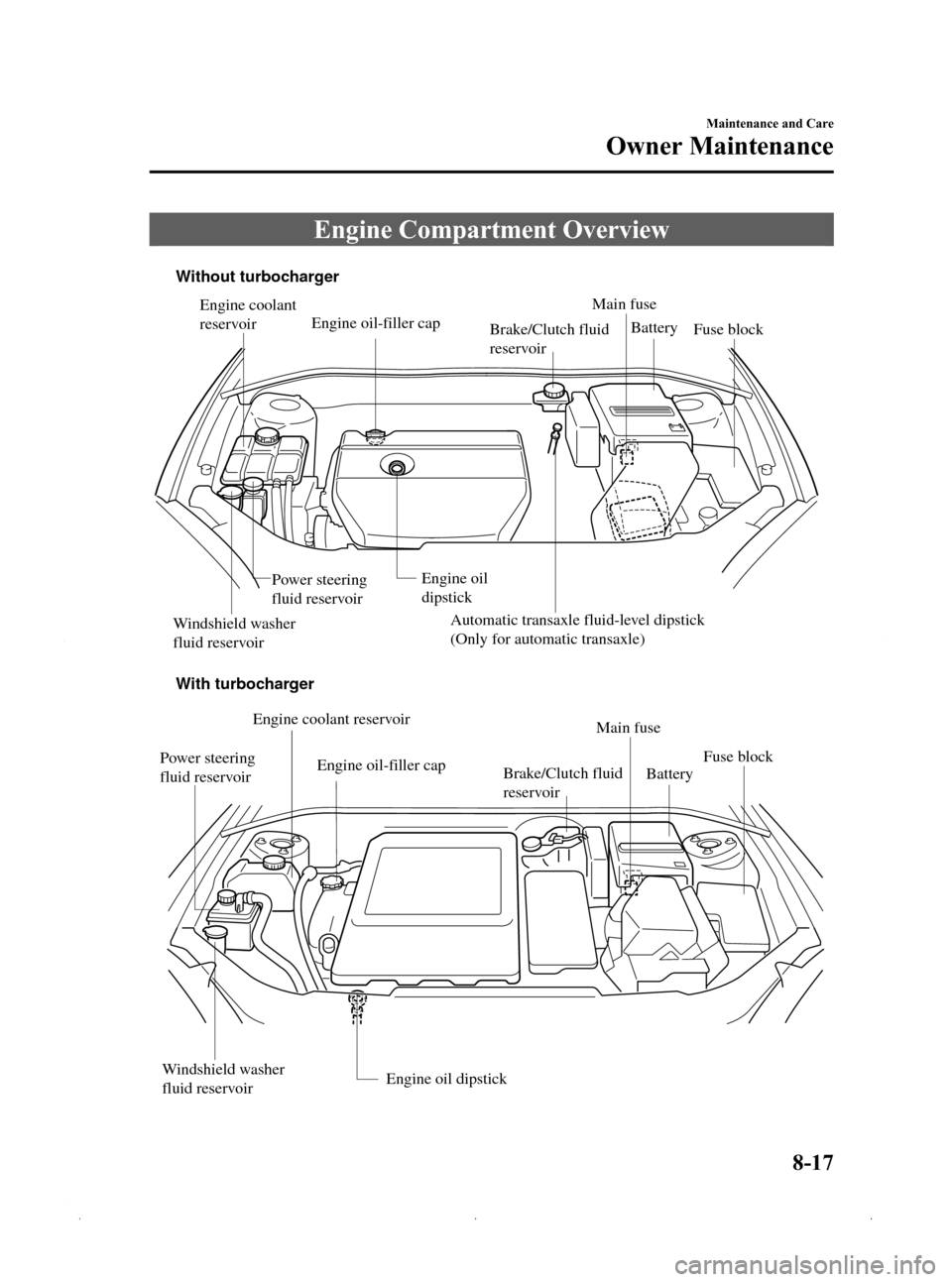 MAZDA MODEL 3 HATCHBACK 2009   (in English) User Guide Black plate (303,1)
Engine Compartment Overview
Main fuse
Automatic transaxle fluid-level dipstick 
(Only for automatic transaxle) Brake/Clutch fluid 
reservoir
Engine coolant 
reservoir
Engine oil 
d