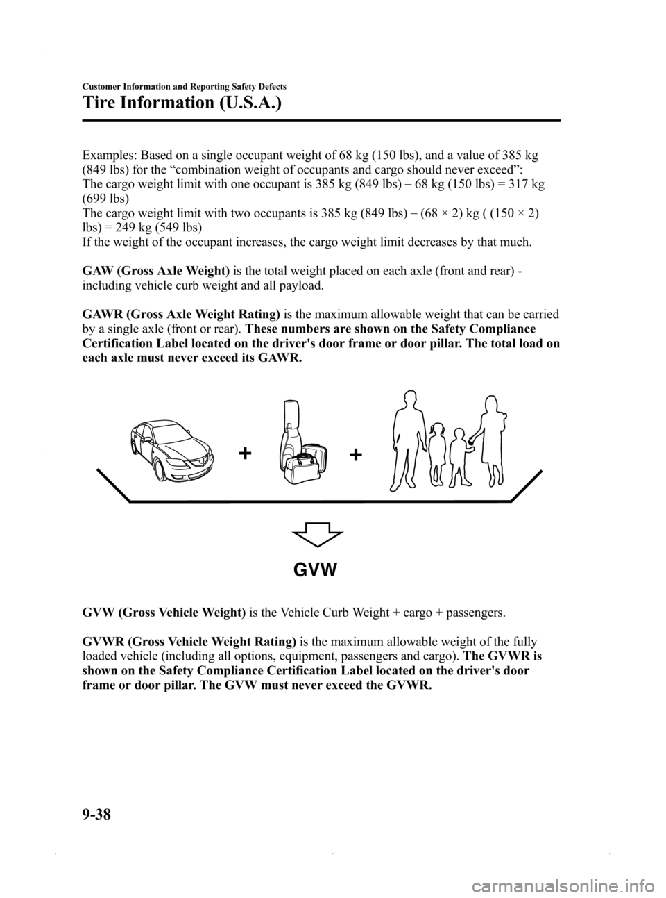 MAZDA MODEL 3 HATCHBACK 2009 Owners Manual (in English) Black plate (388,1)
Examples: Based on a single occupant weight of 68 kg (150 lbs), and a value of 385 kg
(849 lbs) for the“combination weight of occupants and cargo should never exceed ”:
The car MAZDA MODEL 3 HATCHBACK 2009 Owners Manual (in English) Black plate (388,1)
Examples: Based on a single occupant weight of 68 kg (150 lbs), and a value of 385 kg
(849 lbs) for the“combination weight of occupants and cargo should never exceed ”:
The car