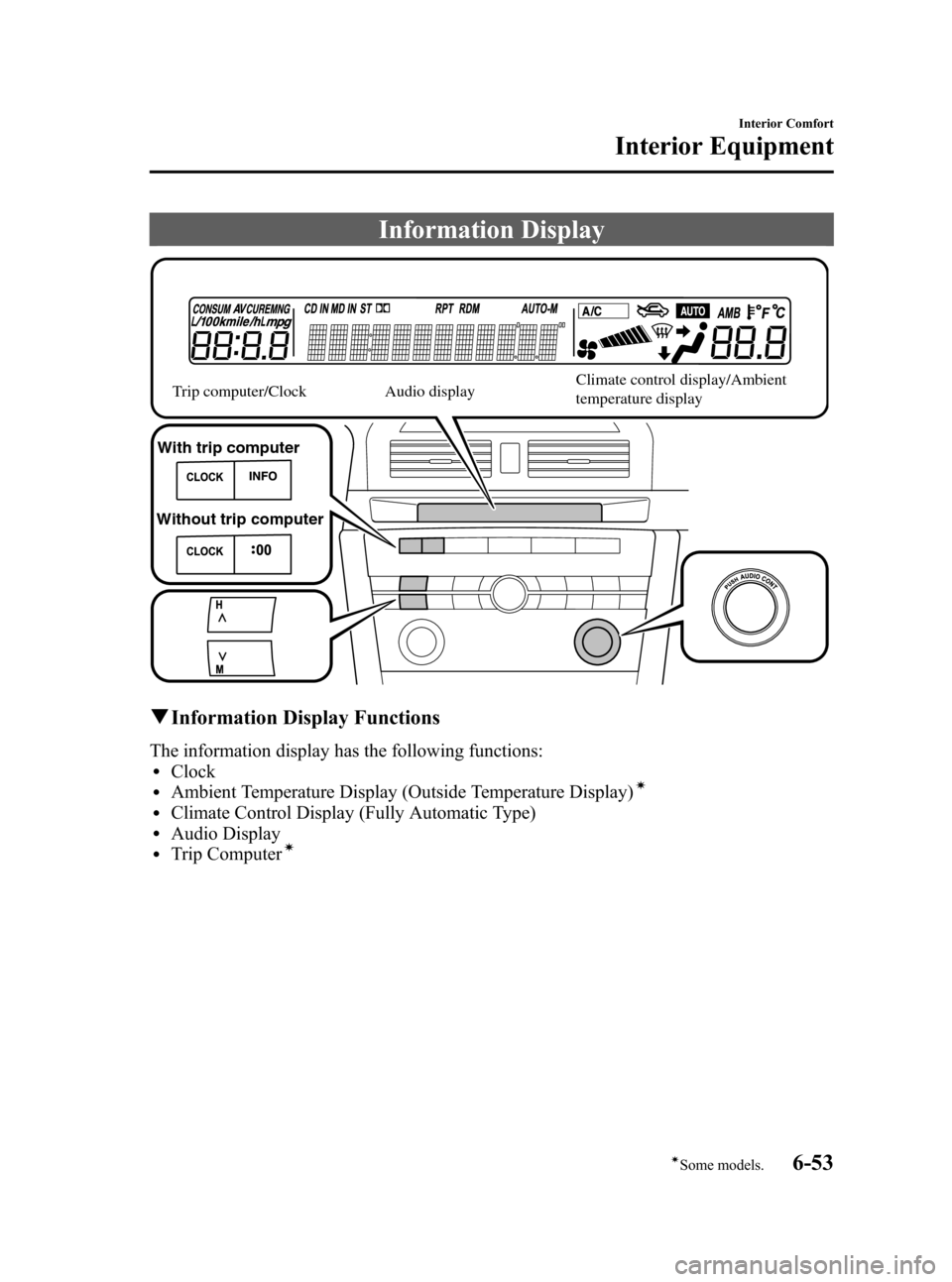 MAZDA MODEL 3 HATCHBACK 2008  Owners Manual (in English) Black plate (231,1)
Information Display
With trip computer
Without trip computerTrip computer/ClockAudio display
Climate control display/Ambient 
temperature display
qInformation Display Functions
The