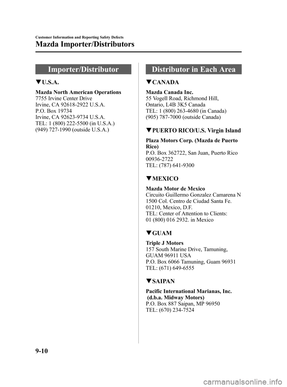 MAZDA MODEL 3 HATCHBACK 2008 Owners Manual (in English) Black plate (342,1)
Importer/Distributor
qU.S.A.
Mazda North American Operations
7755 Irvine Center Drive
Irvine, CA 92618-2922 U.S.A.
P.O. Box 19734
Irvine, CA 92623-9734 U.S.A.
TEL: 1 (800) 222-5500 MAZDA MODEL 3 HATCHBACK 2008 Owners Manual (in English) Black plate (342,1)
Importer/Distributor
qU.S.A.
Mazda North American Operations
7755 Irvine Center Drive
Irvine, CA 92618-2922 U.S.A.
P.O. Box 19734
Irvine, CA 92623-9734 U.S.A.
TEL: 1 (800) 222-5500