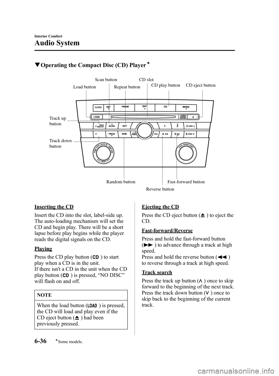 MAZDA MODEL 3 HATCHBACK 2007  Owners Manual (in English) Black plate (220,1)
qOperating the Compact Disc (CD) Playerí
Track up 
button
Track down 
buttonLoad buttonScan button
Repeat buttonCD slot
CD play button CD eject button
Random button
Reverse button
