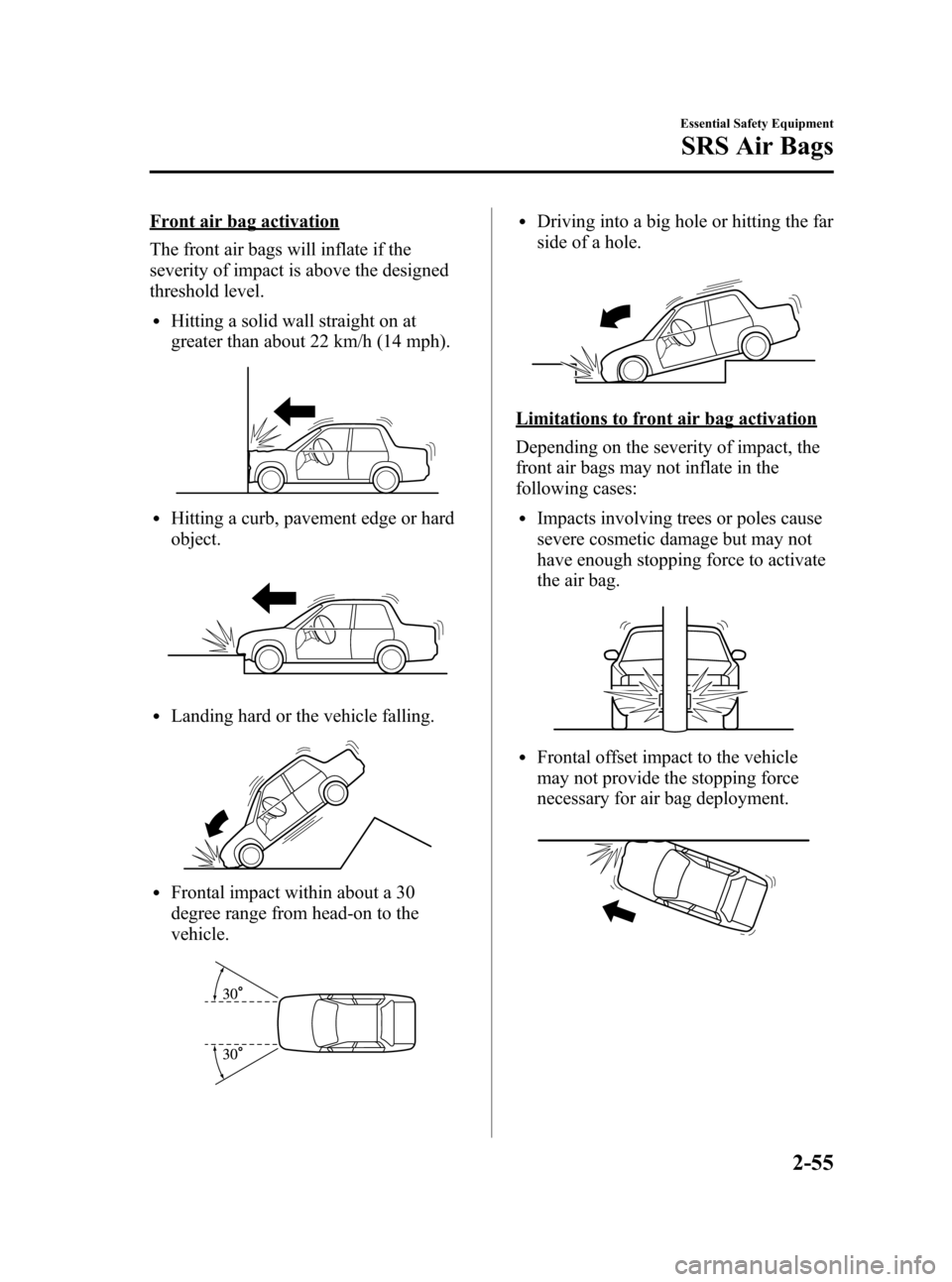 MAZDA MODEL 3 HATCHBACK 2007   (in English) Repair Manual Black plate (69,1)
Front air bag activation
The front air bags will inflate if the
severity of impact is above the designed
threshold level.
lHitting a solid wall straight on at
greater than about 22 