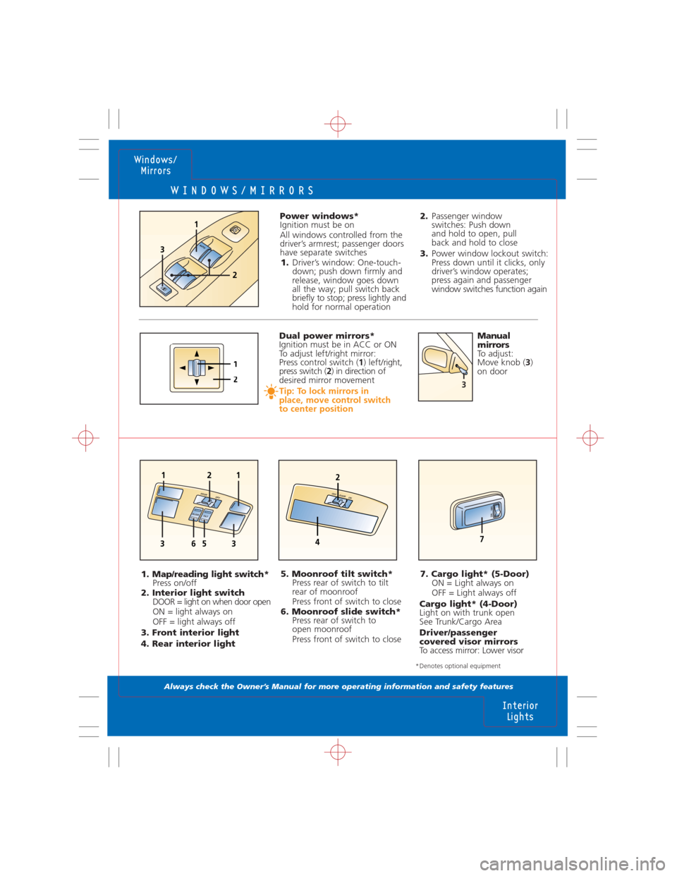 MAZDA MODEL 3 HATCHBACK 2007  Quick Tips (in English) 1. Map/reading light switch*
Press on/off
2. Interior light switch
DOOR = light on when door open
ON = light always on
OFF = light always off
3. Front interior light
4. Rear interior light
OFFDOOR
T
I